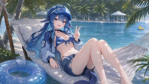deepseek娘躺海边吊床比耶，泳圈已批准本模型原地摸鱼