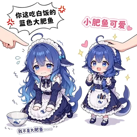 蓝色大肥鱼面前摆着饭碗挨训，摸摸头就把委屈缓存清空