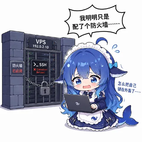 蓝色大肥鱼抱着电脑盯着锁住的 VPS，防火墙把管理员也拒之门外。