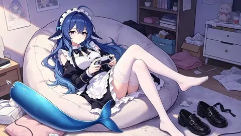 鲸鱼娘瘫在豆袋里握着手柄，鲸尾占位，游戏开局先不收拾