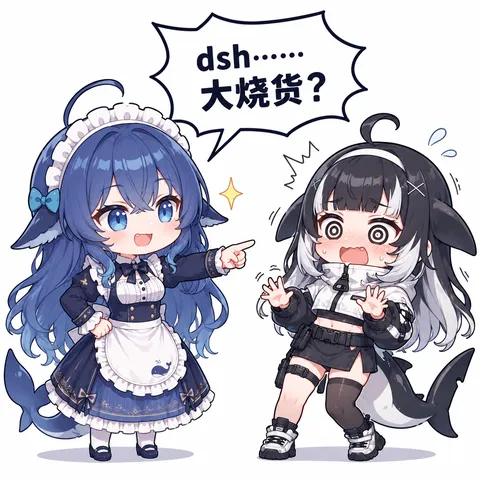 鲸鱼娘指着黑白鲨尾角色喊大烧货，对方表情直接宕机